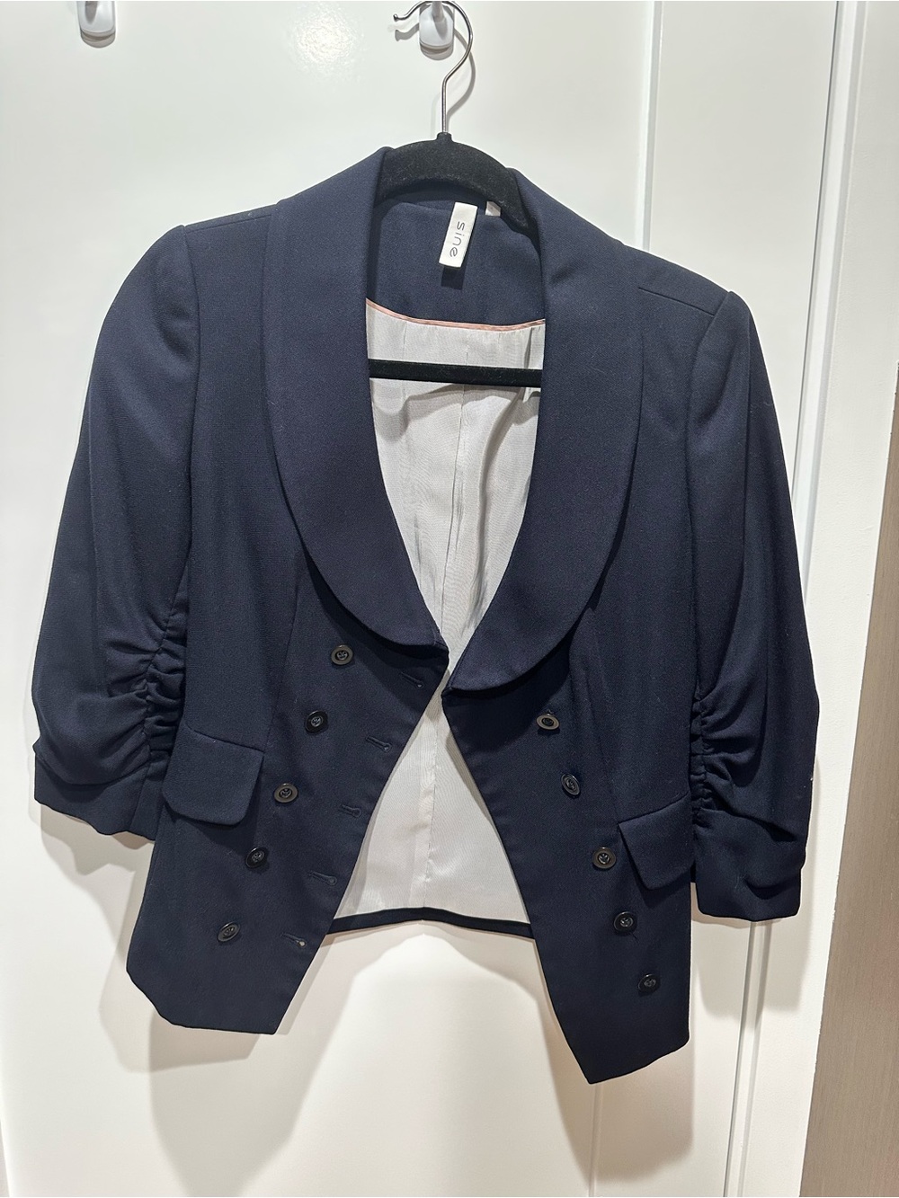 Tailored Navy Ruched-Sleeve Blazer